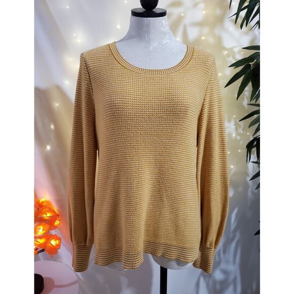 Talbots Chevron Zig Zag Yellow White Knit Puff Sleeve Sweater Womens Size L Soft - Picture 1 of 11